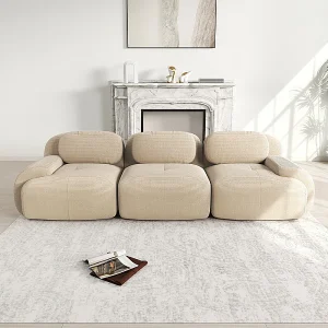 Bank 3 Zits Modulair van Ribfluweel – met 3 Kussens – 298x103x75cm – Beige