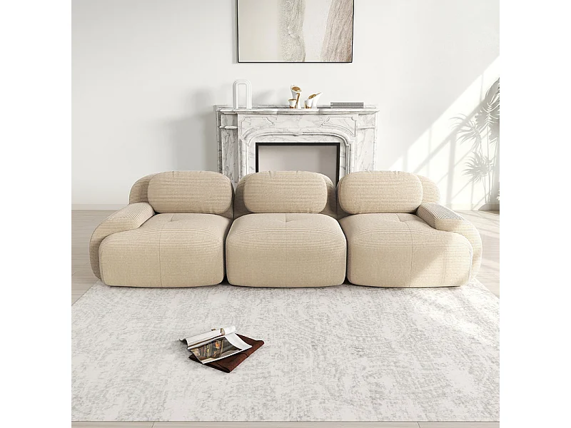 Bank 3 Zits Modulair van Ribfluweel - met 3 Kussens - 298x103x75cm - Beige