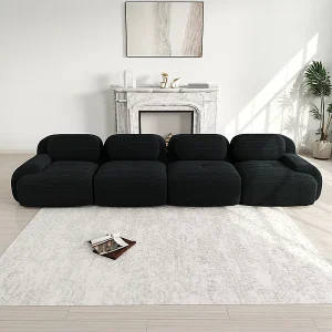 Bank 4 Zits Modulair van Ribfluweel – met 4 Kussens – 388x103x75cm – Zwart Bank 4 Zits Modulair van Ribfluweel – met 4 Kussens – 388x103x75cm – Zwart