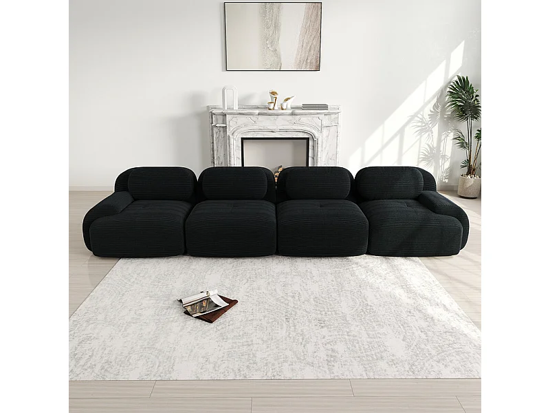 Bank 4 Zits Modulair van Ribfluweel - met 4 Kussens - 388x103x75cm - Zwart