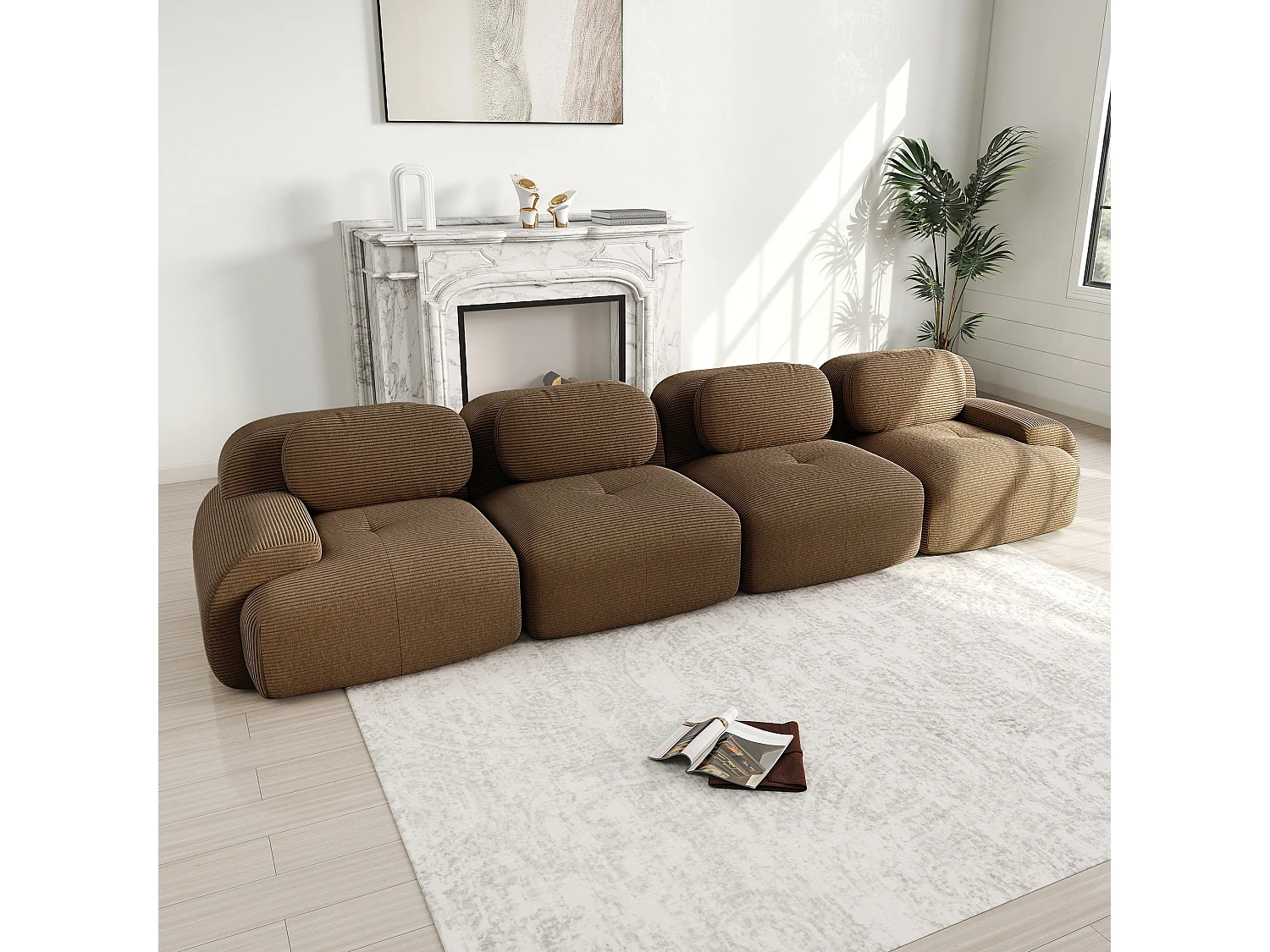 Bank 4-zits modulair in Ribfluweel - met 4 kussens - 388x103x75cm - Bruin