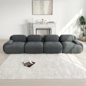 Bank 4 Zits Modulair van Ribfluweel – met 4 Kussens – 388x103x75cm – Grijs Bank 4 Zits Modulair van Ribfluweel – met 4 Kussens – 388x103x75cm – Grijs