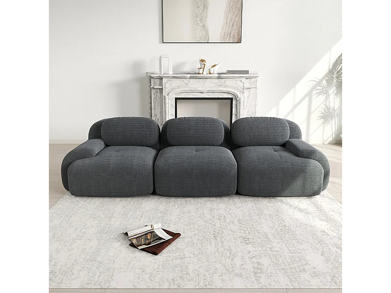 Bank 3 Zits Modulair van Ribfluweel - met 3 Kussens - 298x103x75cm - Grijs