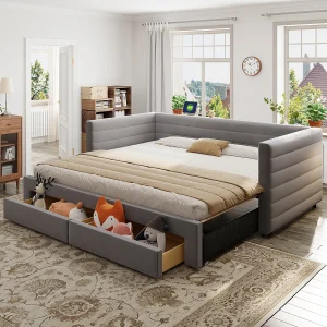 3-in-1 uitschuifbare slaapbank – 90/180 x 190 cm – met lades + lattenbodem – katoen en linnen – grijs