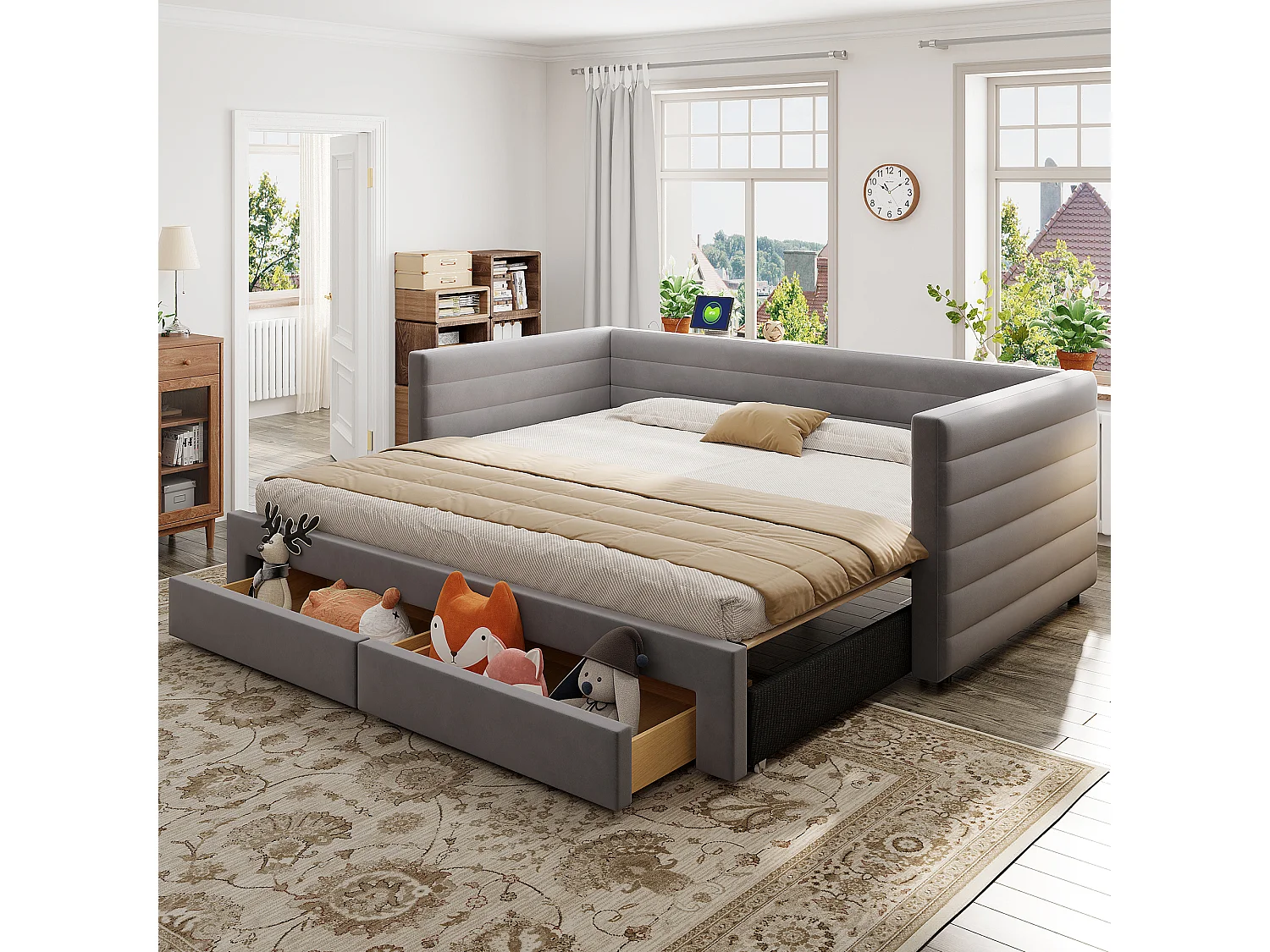 3-in-1 uitschuifbare slaapbank – 90/180 x 190 cm – met lades + lattenbodem – katoen en linnen – grijs
