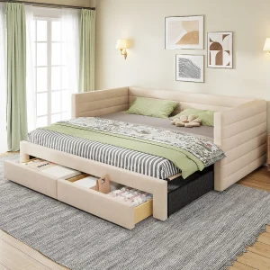 3-in-1 uitschuifbare slaapbank – 90/180 x 190 cm – met lades + lattenbodem – katoen en linnen – beige