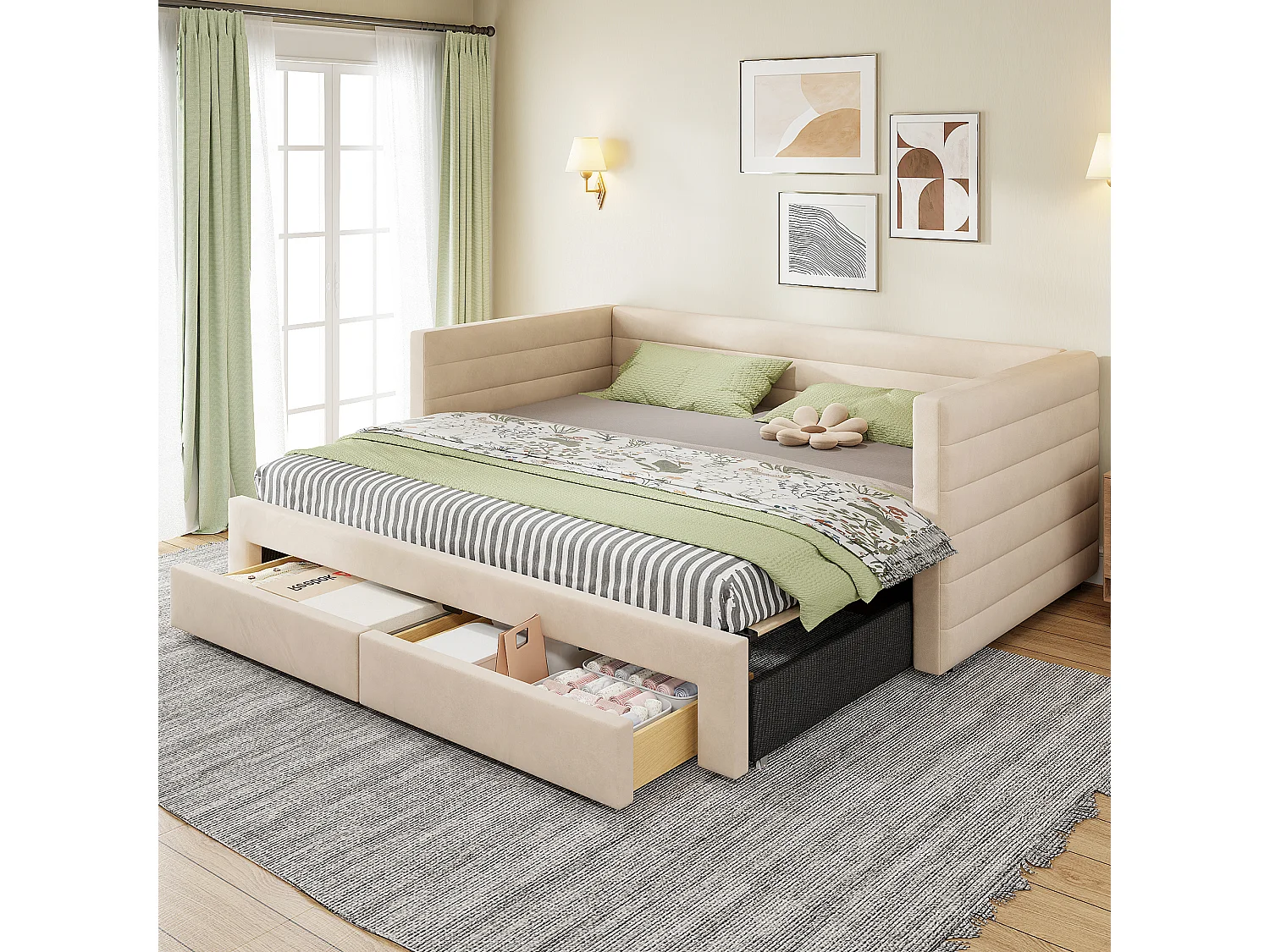 3-in-1 uitschuifbare slaapbank – 90/180 x 190 cm – met lades + lattenbodem – katoen en linnen – beige