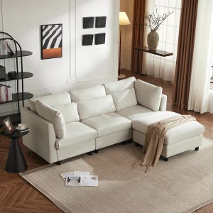 3-zitsbank met voetenbank en lendensteun – Beige linnen stof 3-zitsbank met voetenbank en lendensteun – Beige linnen stof