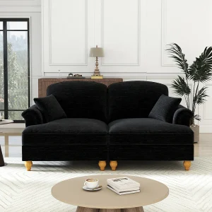 2-zitsbank met lendensteun en afneembare geplooide rok – Chenille stof – Zwart 2-zitsbank met lendensteun en afneembare geplooide rok – Chenille stof – Zwart