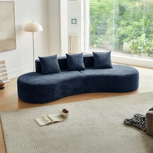 3-zits hoekbank met kussens – Gebogen design – Blauwe fluwelen stof 3-zits hoekbank met kussens – Gebogen design – Blauwe fluwelen stof