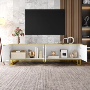 4-deurs tv-meubel met geometrische textuur – MDF-hout en metaal – Wit en goud 4-deurs tv-meubel met geometrische textuur – MDF-hout en metaal – Wit en goud