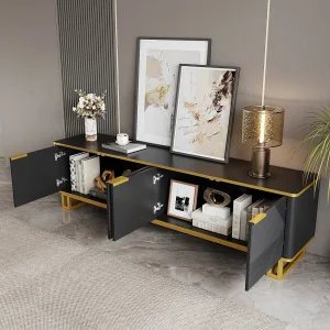 4-deurs tv-meubel met geometrische textuur – MDF-hout en metaal – Zwart en goud 4-deurs tv-meubel met geometrische textuur – MDF-hout en metaal – Zwart en goud