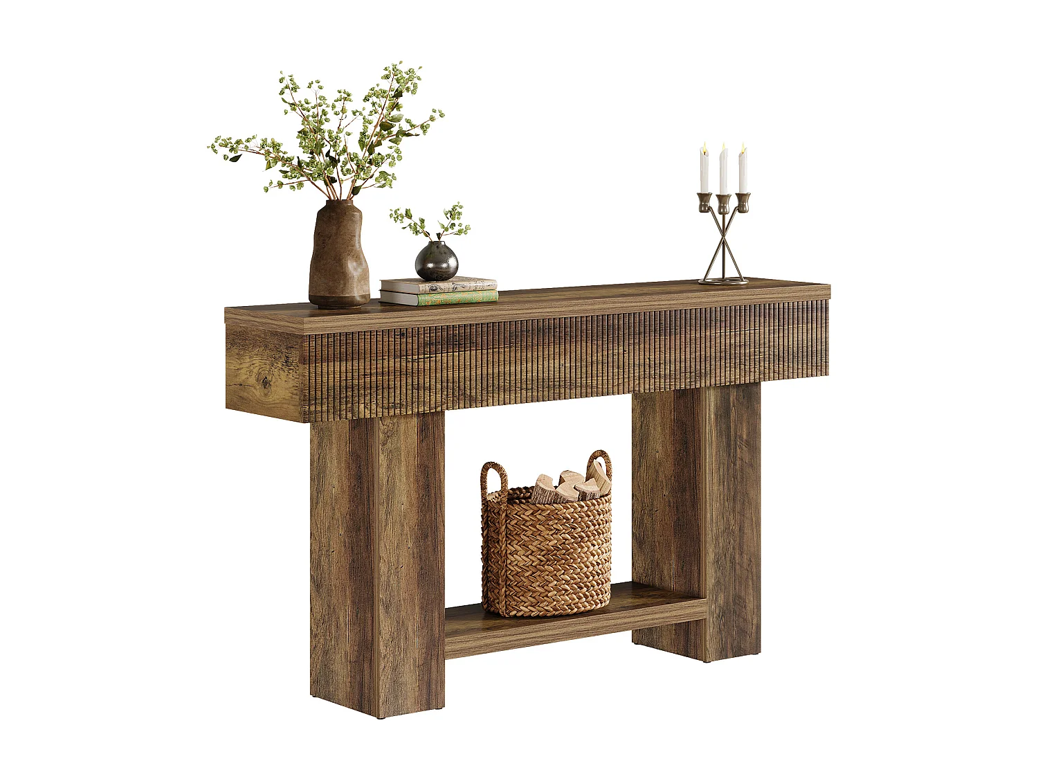 140cm entreetafel met opbergruimte, landelijke consoletafel voor in de hal, 2-laags salontafel voor achter de bank