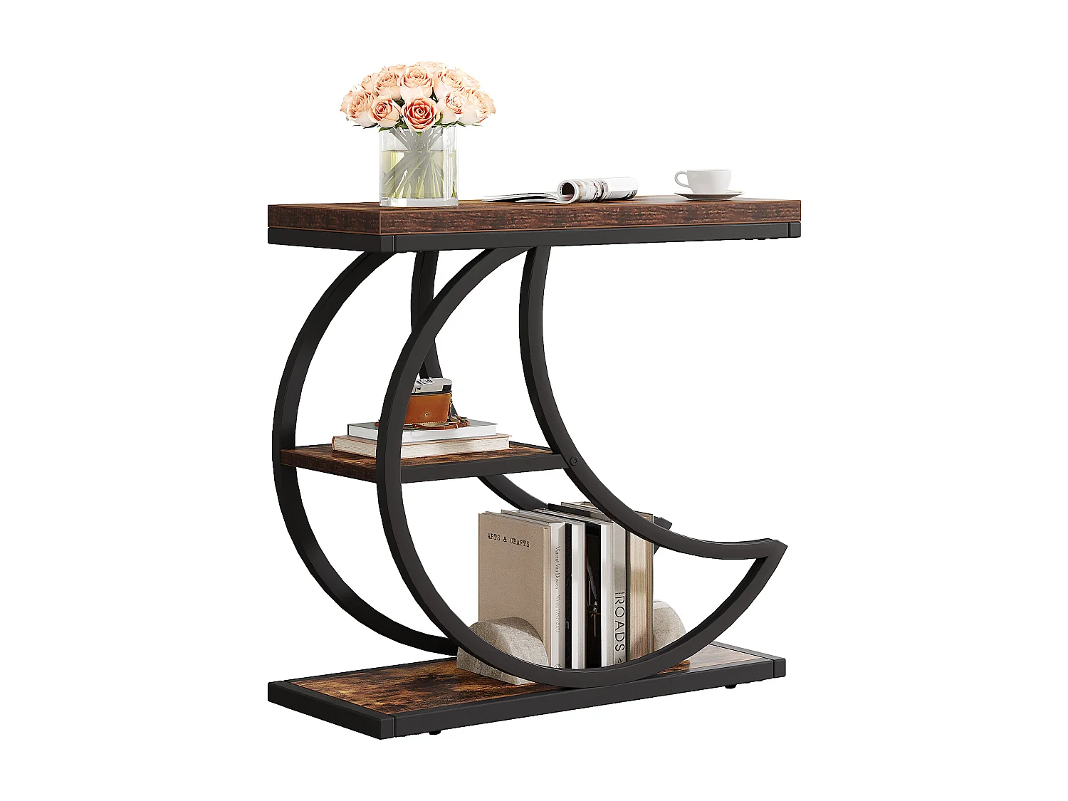 3-laags bijzettafel, industriële bijzettafels met 3 opbergplanken, bureau naast de bank met halfrond metalen frame