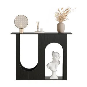 100 cm zwarte salontafel, smalle consoletafel achter de bank met gebogen ontwerp, moderne halconsole 100 cm zwarte salontafel, smalle consoletafel achter de bank met gebogen ontwerp, moderne halconsole