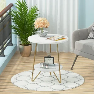 2-laags kunstmarmeren bijzettafel, ronde bijzettafel met planken, modern gouden nachtkastje, wit en goud 2-laags kunstmarmeren bijzettafel, ronde bijzettafel met planken, modern gouden nachtkastje, wit en goud