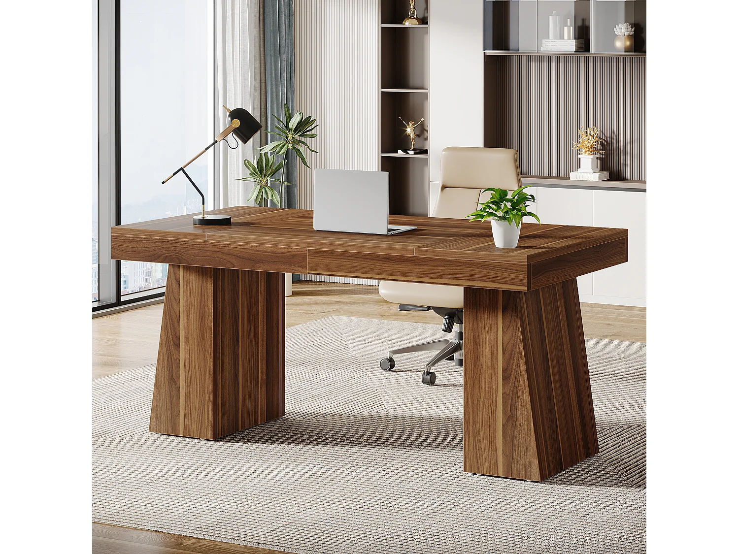 140 cm directiebureau, Mid-Century Modern thuiskantoorbureau met dubbele trapeziumvoet