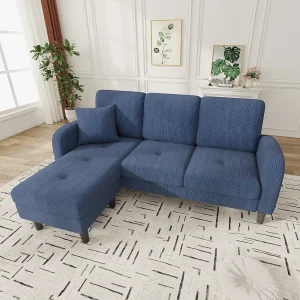 3-zits hoekbank met chaise longue – 166 x 118 x 77 cm – fluwelen stof – kunststof poten – blauw 3-zits hoekbank met chaise longue – 166 x 118 x 77 cm – fluwelen stof – kunststof poten – blauw