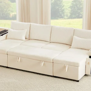 4-zitsbank – met drankhouders – met kussens – Chenille en ribfluweel – beige 4-zitsbank – met drankhouders – met kussens – Chenille en ribfluweel – beige