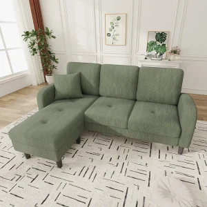 3-zits hoekbank met chaise longue – 166 x 118 x 77 cm – fluwelen stof – kunststof poten – groen 3-zits hoekbank met chaise longue – 166 x 118 x 77 cm – fluwelen stof – kunststof poten – groen