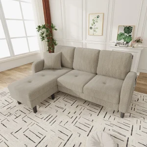 3-zits hoekbank met chaise longue – 166 x 118 x 77 cm – fluwelen stof – kunststof poten – lichtbruin 3-zits hoekbank met chaise longue – 166 x 118 x 77 cm – fluwelen stof – kunststof poten – lichtbruin