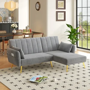 3-zits opklapbank – 191,5 x 130 x 80 cm – hoekbank met slaapfunctie – fluweel – grijs