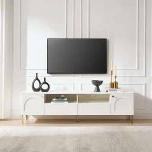 Tv-meubel met 2 deuren, 2 lades en 2 open vakken – Wit en goud – ALOBARA