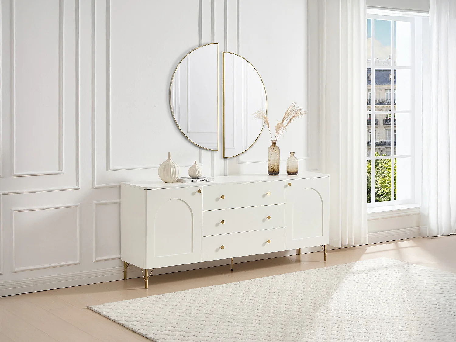 Dressoir met 2 deuren en 3 lades - Wit en goud - ALOBARA
