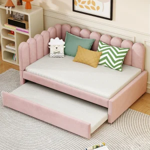 140×200 cm Dagbed – Volwassenenbed met uitschuifbaar bed en lattenbodem – roze fluweel – matras niet inbegrepen.