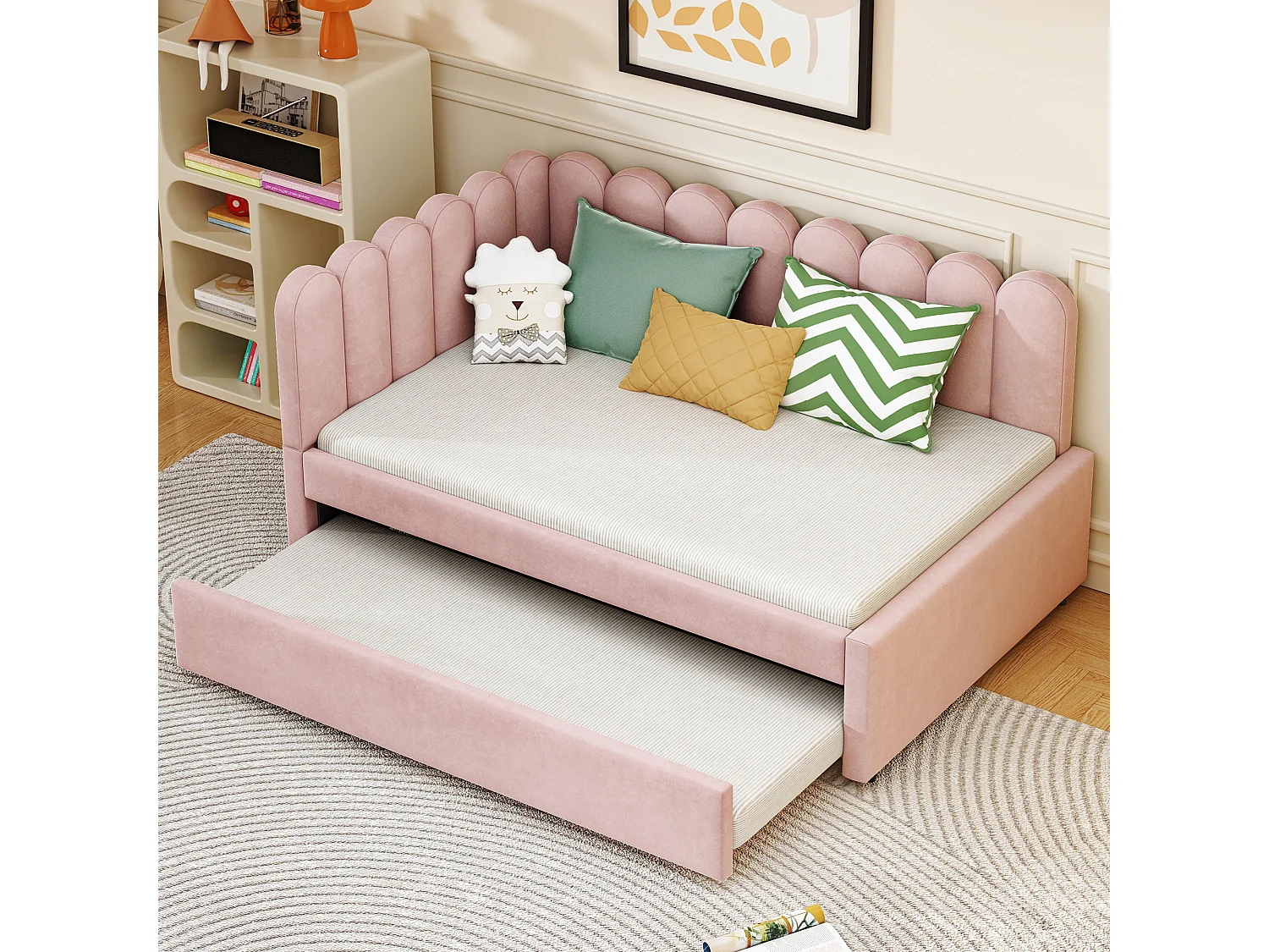 140x200 cm Dagbed - Volwassenenbed met uitschuifbaar bed en lattenbodem - roze fluweel - matras niet inbegrepen.