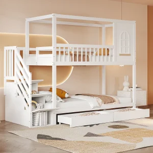 90×200 cm stapelbed – Kinderbed met opbergladder en 2 lades – wit