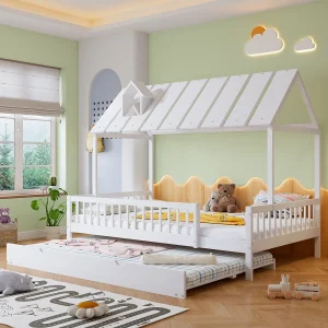 120×200 cm Uitschuifbed – hoogslaper met lattenbodem – wit hout – matras niet inbegrepen 120×200 cm Uitschuifbed – hoogslaper met lattenbodem – wit hout – matras niet inbegrepen