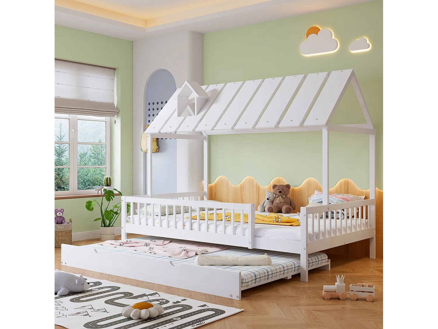 120×200 cm Uitschuifbed – hoogslaper met lattenbodem – wit hout – matras niet inbegrepen