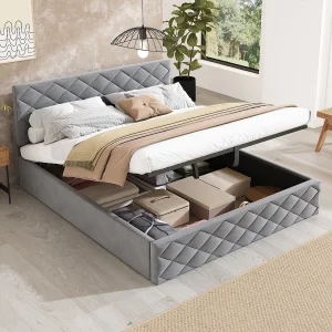 140×200 cm Opbergbed – Volwassenenbed met hoofdbord en lattenbodem – grijs fluweel – matras niet inbegrepen.