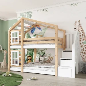 90×200 cm stapelbed – Kinderbed met opbergladder en lattenbodem – naturel en wit – matras niet inbegrepen