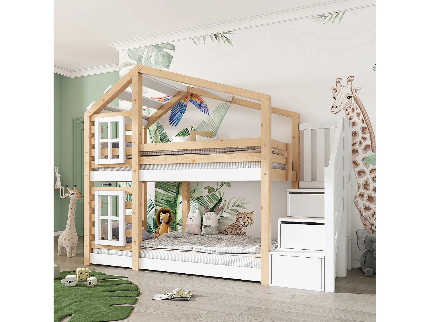 90x200 cm stapelbed - Kinderbed met opbergladder en lattenbodem - naturel en wit - matras niet inbegrepen