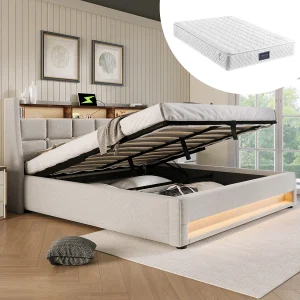 140 x 200 cm opbergbed – met hoofdbord, ledverlichting, USB-poort, planken, lattenbodem – linnen – beige – inclusief matras