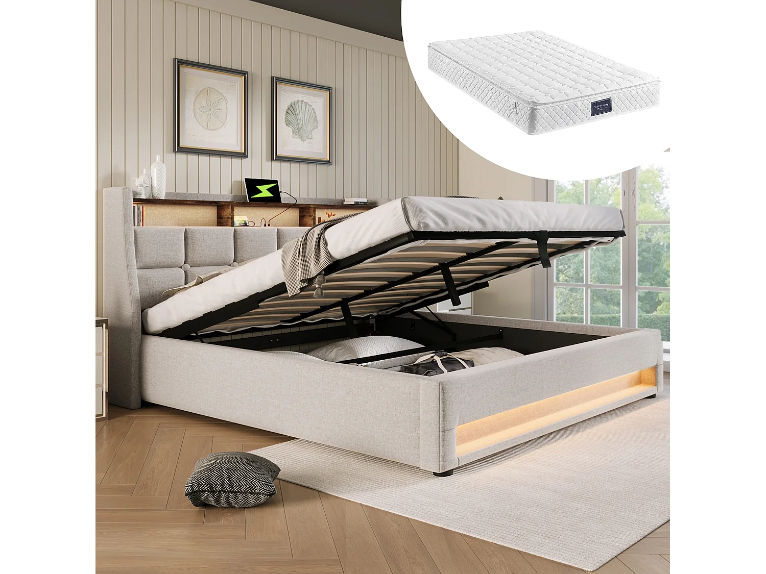 140 x 200 cm opbergbed – met hoofdbord, ledverlichting, USB-poort, planken, lattenbodem – linnen – beige – inclusief matras