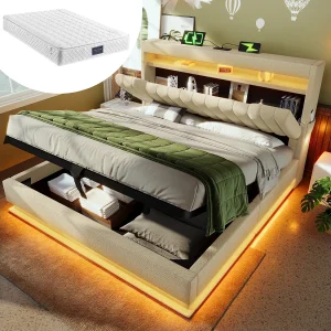 140x200cm opbergbed – met hoofdbord met opbergruimte, USB/Type-C, LED – beige linnen – inclusief matras
