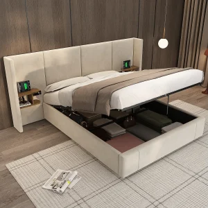160 x 200 cm opbergbed – met USB-A- en USB-C-poorten, lattenbodem – in fluweel – beige – matras niet inbegrepen 160 x 200 cm opbergbed – met USB-A- en USB-C-poorten, lattenbodem – in fluweel – beige – matras niet inbegrepen