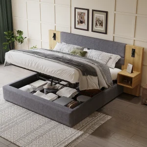 180 x 200 cm opbergbed – met USB-poort, lattenbodem – in fluweel – naturel en grijs – matras niet inbegrepen