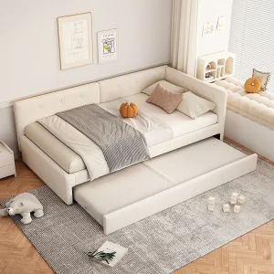 90×200 cm Kinderbed – met hoofdbord, lattenbodem – beige fluweel – matras niet inbegrepen