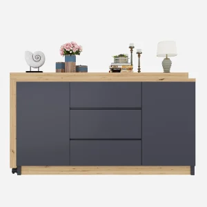 2-in-1 bureau en dressoir – 120 x 50 x 76,5 cm – Draaibaar – met 3 lades + 2 deuren + opklapbaar bureau – Spaanplaat – Grijs + Naturel 2-in-1 bureau en dressoir – 120 x 50 x 76,5 cm – Draaibaar – met 3 lades + 2 deuren + opklapbaar bureau – Spaanplaat – Grijs + Naturel