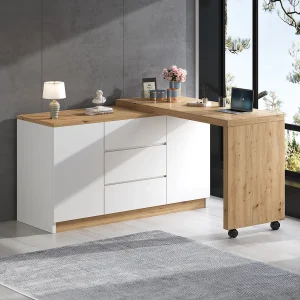 2-in-1 bureau en dressoir – 120 x 50 x 76,5 cm – Draaibaar – met 3 lades + 2 deuren + opklapbaar bureau – Spaanplaat – Wit + Naturel