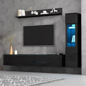 3-delige tv-wandmeubelset met ledverlichting – 1 tv-standaard + 1 vitrinekast voor de woonkamer + 1 wandplank – spaanplaat – zwart