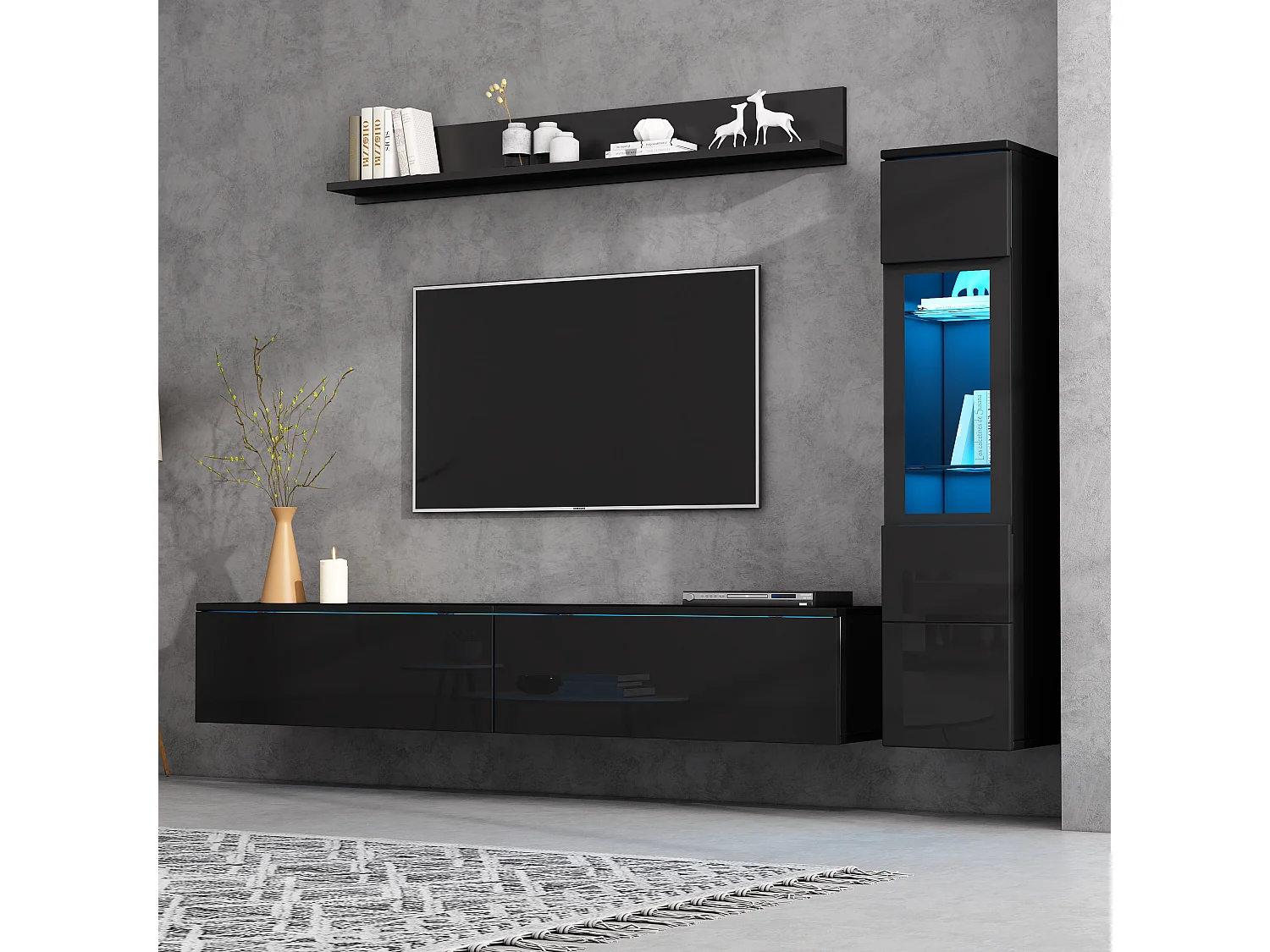 3-delige tv-wandmeubelset met ledverlichting - 1 tv-standaard + 1 vitrinekast voor de woonkamer + 1 wandplank - spaanplaat - zwart