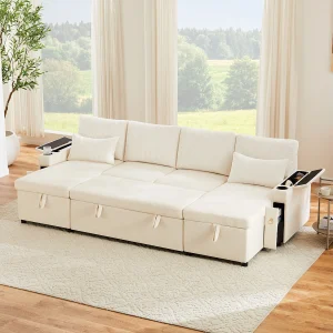Uitschuifbare slaapbank voor 4 personen – 272 x 131 x 84 cm – met bekerhouders + opbergruimte + kussens – fluweel – beige Uitschuifbare slaapbank voor 4 personen – 272 x 131 x 84 cm – met bekerhouders + opbergruimte + kussens – fluweel – beige
