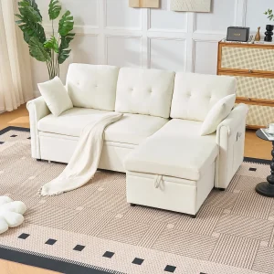 3-zits L-vormige hoekbank – Slaapbank met opbergruimte en kussen – Beige chenille stof