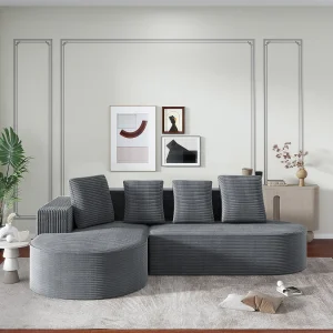 3-zits hoekbank met 4 kussens – L-vormige chaise longues – Grijze corduroy – Geen montage nodig 3-zits hoekbank met 4 kussens – L-vormige chaise longues – Grijze corduroy – Geen montage nodig