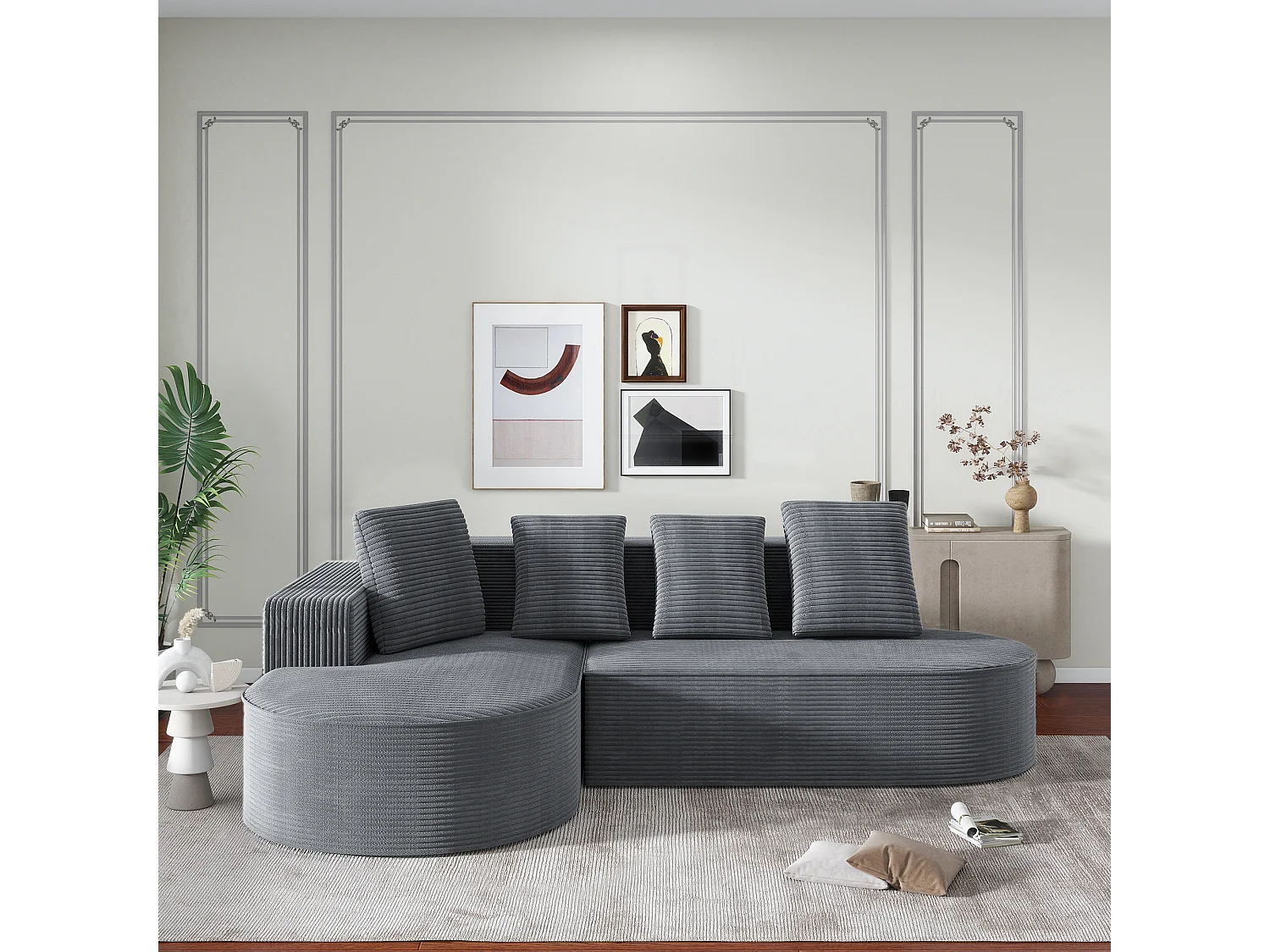3-zits hoekbank met 4 kussens - L-vormige chaise longues - Grijze corduroy - Geen montage nodig